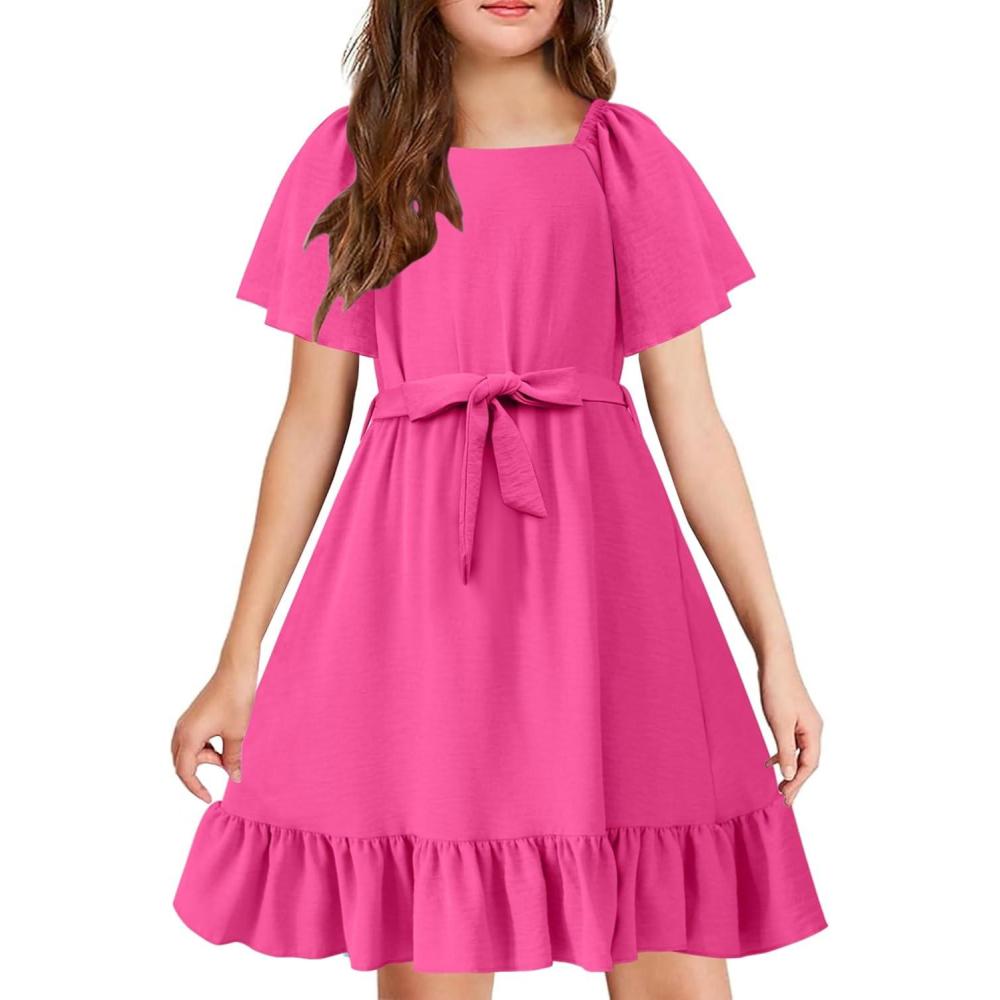 image:imageArshiner Girls Dresses Kids Summer Square Neck Ruffle Hem Belted Dress with Pockets for 512 YearsRose Red