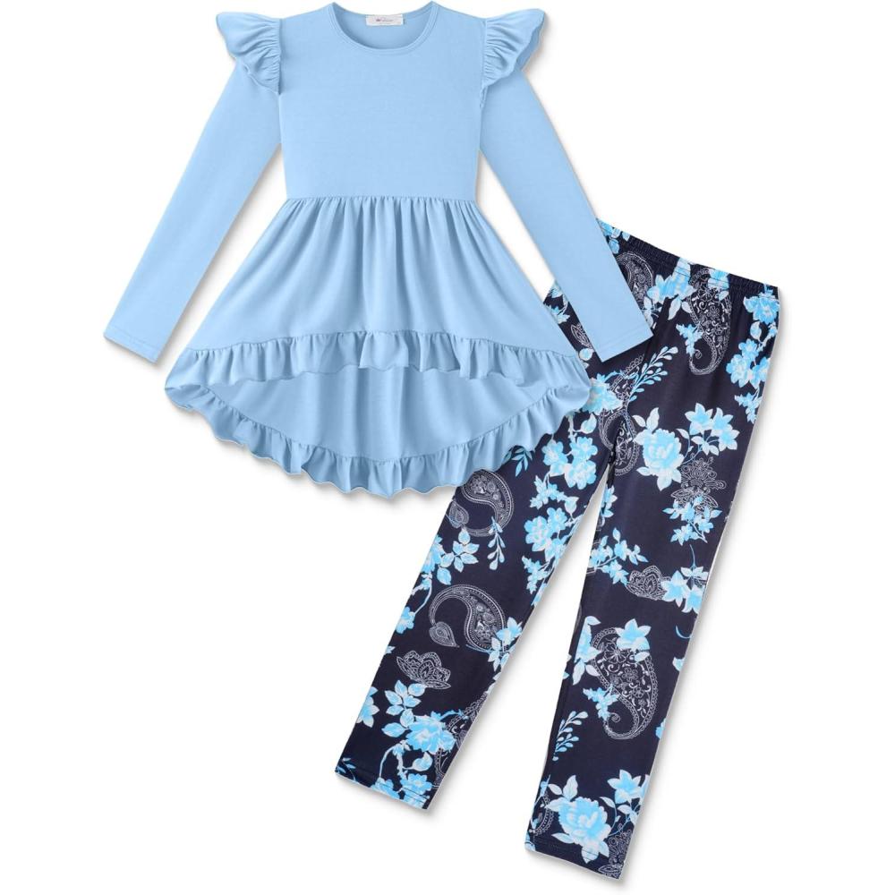 image:imageArshiner Toddler Girl Clothes Ruffle Trim Long Sleeve Pullover Top and Floral Print Leggings Fall Outfits Kids Clothing SetsBlueflower