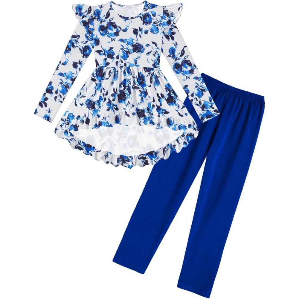 image:imageArshiner Toddler Girl Clothes Ruffle Trim Long Sleeve Pullover Top and Floral Print Leggings Fall Outfits Kids Clothing SetsFlowerroyal Blue