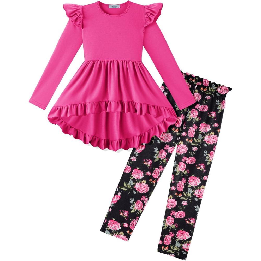 image:imageArshiner Toddler Girl Clothes Ruffle Trim Long Sleeve Pullover Top and Floral Print Leggings Fall Outfits Kids Clothing SetsHot Pinkflower