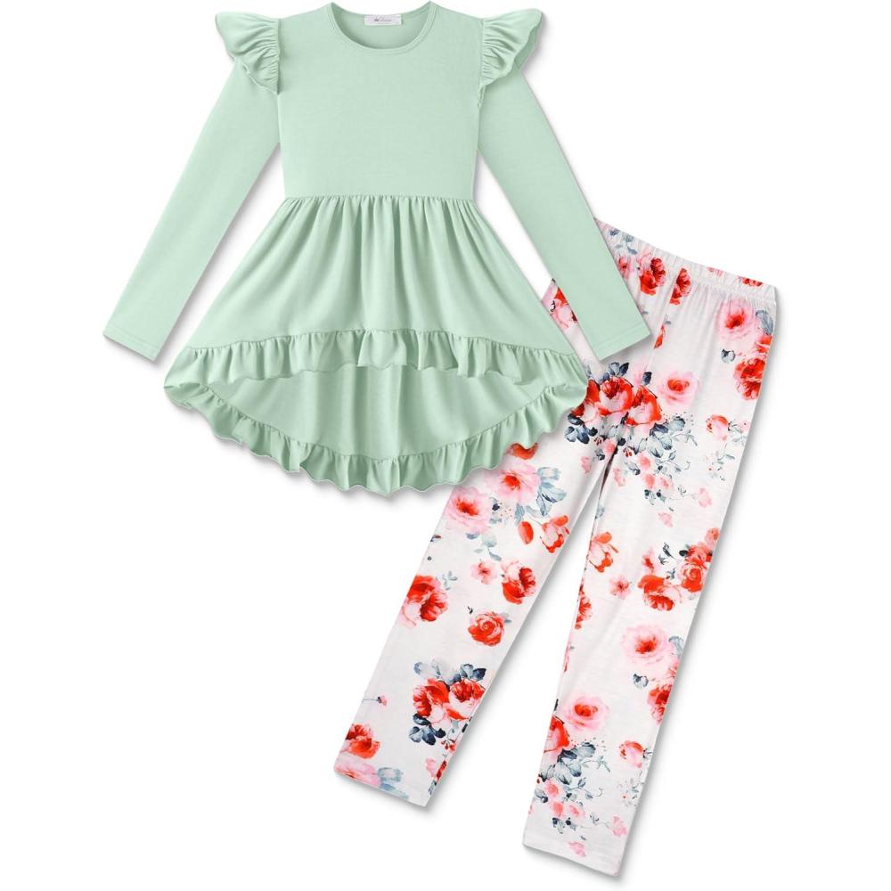image:imageArshiner Toddler Girl Clothes Ruffle Trim Long Sleeve Pullover Top and Floral Print Leggings Fall Outfits Kids Clothing SetsLight Greenflower