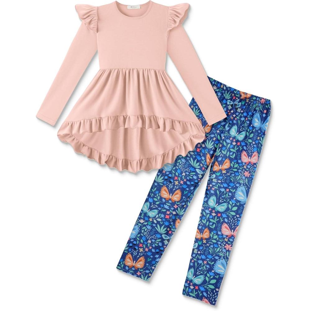image:imageArshiner Toddler Girl Clothes Ruffle Trim Long Sleeve Pullover Top and Floral Print Leggings Fall Outfits Kids Clothing SetsPinkbutterfly