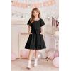 Arshiner Girls Dresses Kids Summer Square Neck Ruffle Hem Belted Dress with Pockets for 5-12 Years(Black)