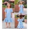 Arshiner Girls Dresses Kids Summer Square Neck Ruffle Hem Belted Dress with Pockets for 5-12 Years(Light Blue)