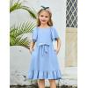 Arshiner Girls Dresses Kids Summer Square Neck Ruffle Hem Belted Dress with Pockets for 5-12 Years(Light Blue)