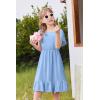 Arshiner Girls Dresses Kids Summer Square Neck Ruffle Hem Belted Dress with Pockets for 5-12 Years(Light Blue)