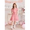 Arshiner Girls Dresses Kids Summer Square Neck Ruffle Hem Belted Dress with Pockets for 5-12 Years(Pink)