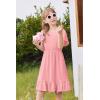 Arshiner Girls Dresses Kids Summer Square Neck Ruffle Hem Belted Dress with Pockets for 5-12 Years(Pink)