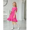 Arshiner Girls Dresses Kids Summer Square Neck Ruffle Hem Belted Dress with Pockets for 5-12 Years(Rose Red)