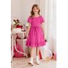 Arshiner Girls Dresses Kids Summer Square Neck Ruffle Hem Belted Dress with Pockets for 5-12 Years(Rose Red)