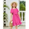 Arshiner Girls Dresses Kids Summer Square Neck Ruffle Hem Belted Dress with Pockets for 5-12 Years(Rose Red)