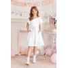 Arshiner Girls Dresses Kids Summer Square Neck Ruffle Hem Belted Dress with Pockets for 5-12 Years(White)