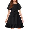 Arshiner Girls Dresses Kids Summer Square Neck Ruffle Hem Belted Dress with Pockets for 5-12 Years(Black)