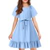 Arshiner Girls Dresses Kids Summer Square Neck Ruffle Hem Belted Dress with Pockets for 5-12 Years(Light Blue)