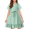 Arshiner Girls Dresses Kids Summer Square Neck Ruffle Hem Belted Dress with Pockets for 5-12 Years(Light Green)