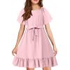Arshiner Girls Dresses Kids Summer Square Neck Ruffle Hem Belted Dress with Pockets for 5-12 Years(Light Pink)