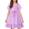 Arshiner Girls Dresses Kids Summer Square Neck Ruffle Hem Belted Dress with Pockets for 5-12 Years(Lilac)