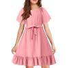 Arshiner Girls Dresses Kids Summer Square Neck Ruffle Hem Belted Dress with Pockets for 5-12 Years(Pink)