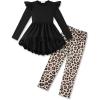 Arshiner Toddler Girl Clothes Ruffle Trim Long Sleeve Pullover Top and Floral Print Leggings Fall Outfits Kids Clothing Sets(Black-leopard)