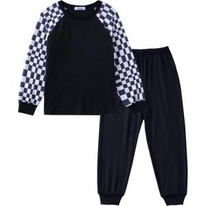 Arshiner Boys Clothes Set Long Raglan Sleeve T-Shirts + Casual Pants 2Pcs Colorblock Fall Outfits for Kids(Black / Black White Checked)
