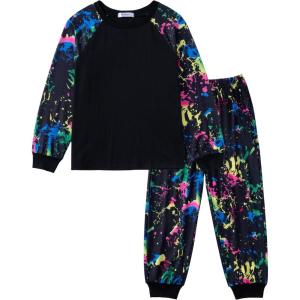 Arshiner Boys Clothes Set Long Raglan Sleeve T-Shirts + Casual Pants 2Pcs Colorblock Fall Outfits for Kids(Black / Ink Splatter Print)