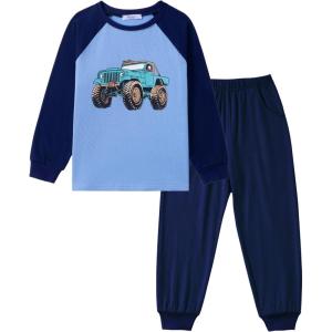 Arshiner Boys Clothes Set Long Raglan Sleeve T-Shirts + Casual Pants 2Pcs Colorblock Fall Outfits for Kids(Blue Truck)