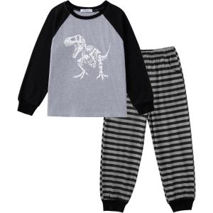Arshiner Boys Clothes Set Long Raglan Sleeve T-Shirts + Casual Pants 2Pcs Colorblock Fall Outfits for Kids(Dinosaur / Grey / Black)