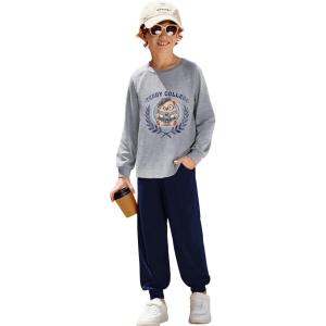 Arshiner Boys Clothes Set Long Raglan Sleeve T-Shirts + Casual Pants 2Pcs Colorblock Fall Outfits for Kids(Teddy- Grey / Navy)