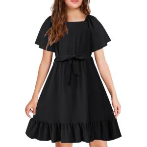 Arshiner Girls Dresses Kids Summer Square Neck Ruffle Hem Belted Dress with Pockets for 5-12 Years(Black)