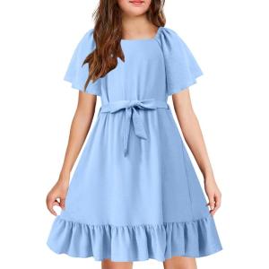 Arshiner Girls Dresses Kids Summer Square Neck Ruffle Hem Belted Dress with Pockets for 5-12 Years(Light Blue)