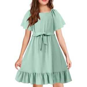 Arshiner Girls Dresses Kids Summer Square Neck Ruffle Hem Belted Dress with Pockets for 5-12 Years(Light Green)