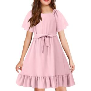 Arshiner Girls Dresses Kids Summer Square Neck Ruffle Hem Belted Dress with Pockets for 5-12 Years(Light Pink)