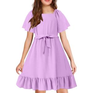 Arshiner Girls Dresses Kids Summer Square Neck Ruffle Hem Belted Dress with Pockets for 5-12 Years(Lilac)