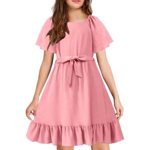Arshiner Girls Dresses Kids Summer Square Neck Ruffle Hem Belted Dress with Pockets for 5-12 Years(Pink)