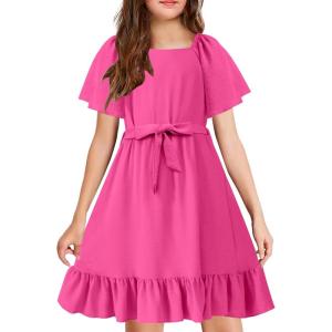 Arshiner Girls Dresses Kids Summer Square Neck Ruffle Hem Belted Dress with Pockets for 5-12 Years(Rose Red)