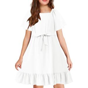 Arshiner Girls Dresses Kids Summer Square Neck Ruffle Hem Belted Dress with Pockets for 5-12 Years(White)