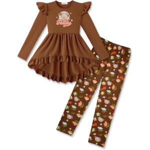Arshiner Toddler Girl Clothes Ruffle Trim Long Sleeve Pullover Top and Floral Print Leggings Fall Outfits Kids Clothing Sets(Brown-teddy)
