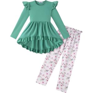 Arshiner Toddler Girl Clothes Ruffle Trim Long Sleeve Pullover Top and Floral Print Leggings Fall Outfits Kids Clothing Sets(Green-flower)
