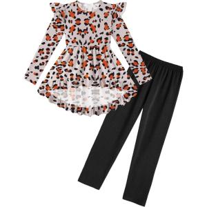 Arshiner Toddler Girl Clothes Ruffle Trim Long Sleeve Pullover Top and Floral Print Leggings Fall Outfits Kids Clothing Sets(Leopard-black)