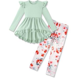 Arshiner Toddler Girl Clothes Ruffle Trim Long Sleeve Pullover Top and Floral Print Leggings Fall Outfits Kids Clothing Sets(Light Green-flower)