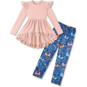 Arshiner Toddler Girl Clothes Ruffle Trim Long Sleeve Pullover Top and Floral Print Leggings Fall Outfits Kids Clothing Sets(Pink-butterfly)
