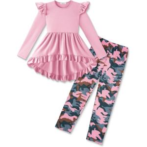 Arshiner Toddler Girl Clothes Ruffle Trim Long Sleeve Pullover Top and Floral Print Leggings Fall Outfits Kids Clothing Sets(Pink-camouflage)