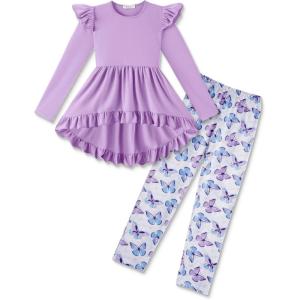 Arshiner Toddler Girl Clothes Ruffle Trim Long Sleeve Pullover Top and Floral Print Leggings Fall Outfits Kids Clothing Sets(Purple-butterfly)