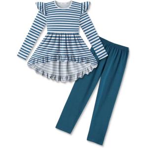Arshiner Toddler Girl Clothes Ruffle Trim Long Sleeve Pullover Top and Floral Print Leggings Fall Outfits Kids Clothing Sets(Stripe-blue)