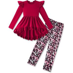 Arshiner Toddler Girl Clothes Ruffle Trim Long Sleeve Pullover Top and Floral Print Leggings Fall Outfits Kids Clothing Sets(Wine Red-leopard)