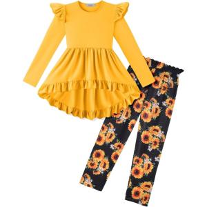 Arshiner Toddler Girl Clothes Ruffle Trim Long Sleeve Pullover Top and Floral Print Leggings Fall Outfits Kids Clothing Sets(Yellow-sunflower)