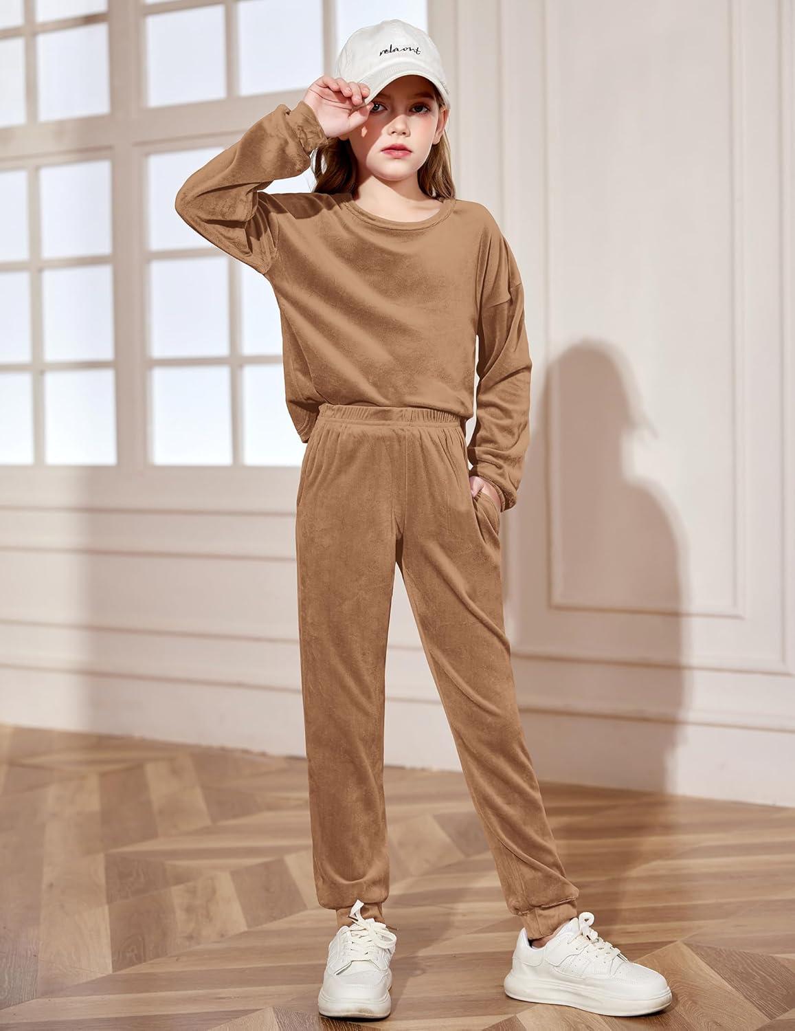 image:imageArshiner Girls 2 Piece Outfit Sweatsuits Set Kids Velour Sweatshirts amp Sweatpants Tracksuits Set for GirlsKhaki