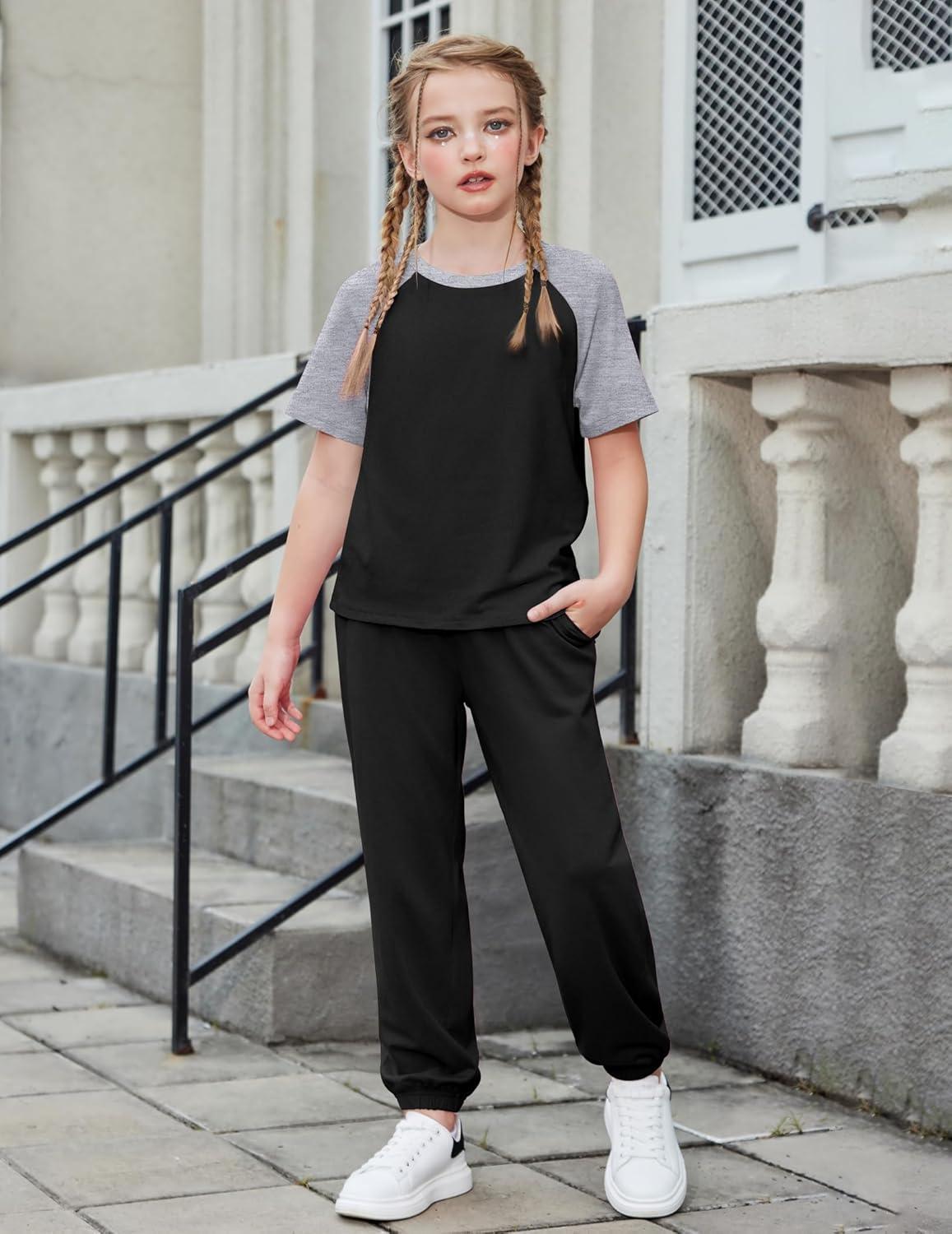 image:imageArshiner Girls 2 Piece Outfits Fashion Clothes Short Sleeve Tops and Jogger Pants Kids Tracksuit Sweatsuits SetBlack