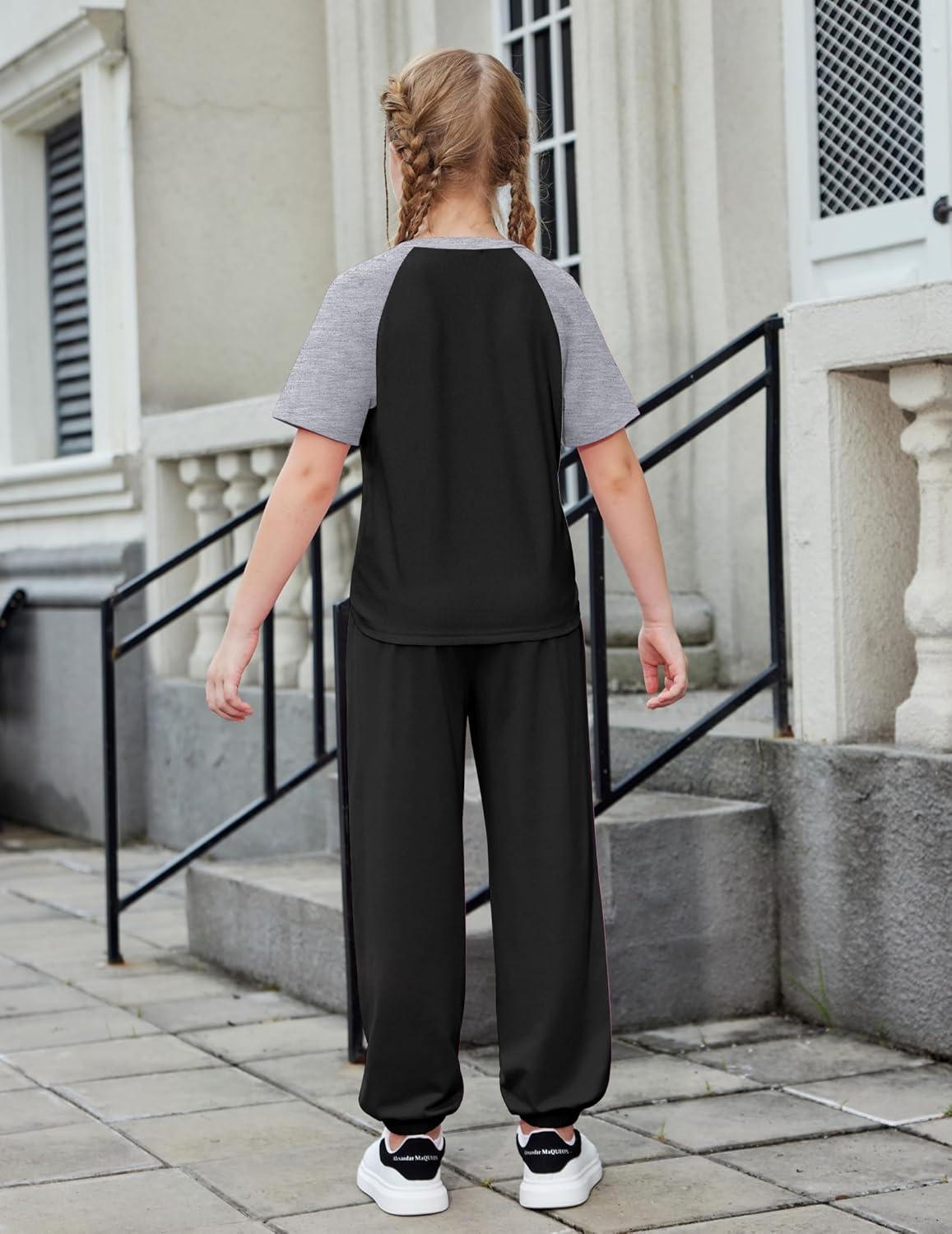 image:imageArshiner Girls 2 Piece Outfits Fashion Clothes Short Sleeve Tops and Jogger Pants Kids Tracksuit Sweatsuits SetBlack