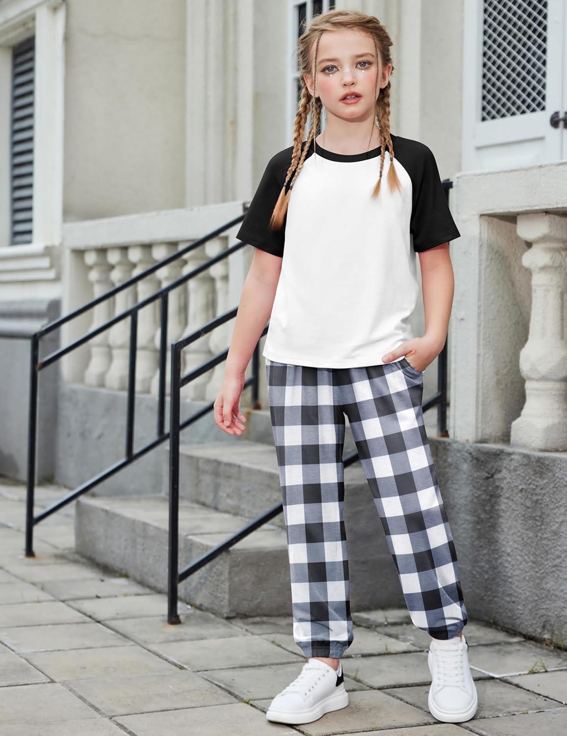 image:imageArshiner Girls 2 Piece Outfits Fashion Clothes Short Sleeve Tops and Jogger Pants Kids Tracksuit Sweatsuits SetBlack Plaid